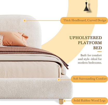 King Size Bed Frame, Upholstered Cloud Boucle Platform Beds Frames with Headboard, Anti-Collision Soft Rounded Corners Footboard, No Box Spring Required, Easy Assembly (35" White, King)