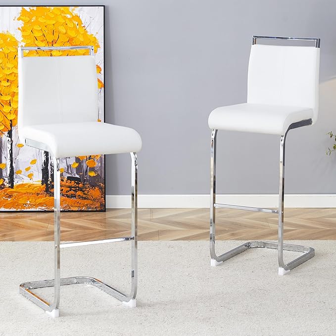 White Bar Stools Set of 2,30" Counter Height Bar Stools with Footrest,White Faux Leather Kitchen Stools with Chrome Plated Metal Leg,Counter Height Stools Ideal for Island Pub Kitchen Counter Dining Chair