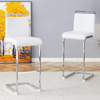 White Bar Stools Set of 2,30" Counter Height Bar Stools with Footrest,White Faux Leather Kitchen Stools with Chrome Plated Metal Leg,Counter Height Stools Ideal for Island Pub Kitchen Counter Dining Chair