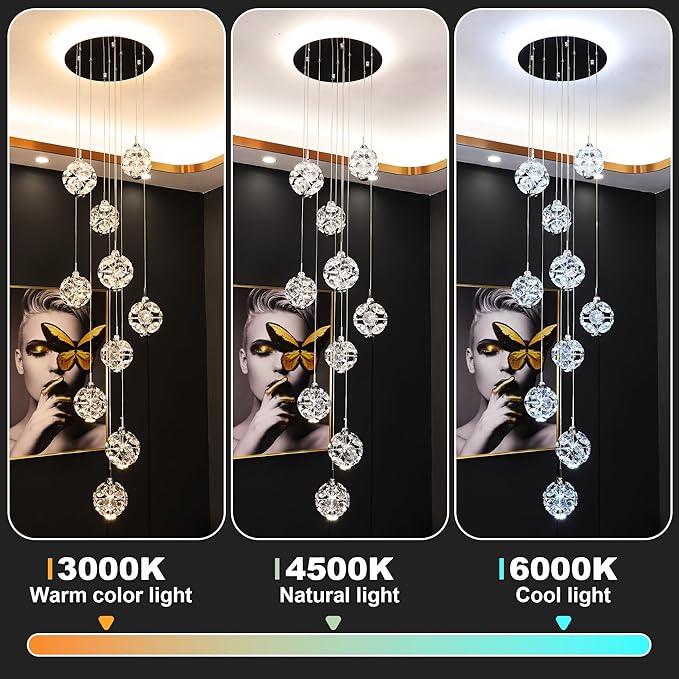 10-Light High Ceilings Long Chandeliers Modern Crystal Staircase Chandelier Hanging Lighting Fixtures for Spiral Staircase,Foyer,Entryway