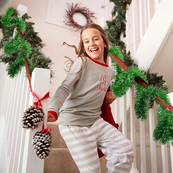 WILLBOND 50 ft Christmas Tinsel Garland Metallic Tinsel Twist Garland Christmas Tree Decorations New Year Wedding Birthday Hanging Decorations Party Supplies, 3 Inch(Green)