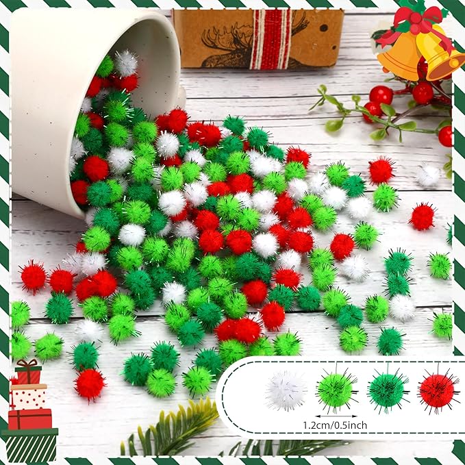 SEPGLITTER Christmas Pom Poms Balls, 1000 Pieces Glitter Red Light Green White Pompoms Pom Poms for Crafts Making DIY Holiday Christmas Decorations Supplies (4colors, 1.2cm )