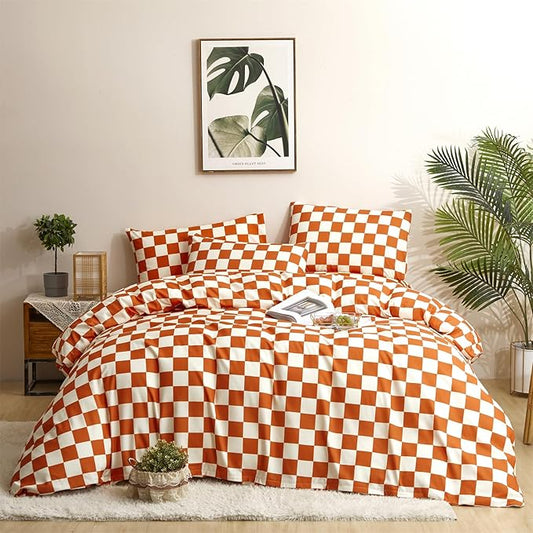 CLOTHKNOW Rust Beige Plaid California King Comforter Set Checker Bedding Comforter Sets Geometric Buffalo Comforter with 2 x Pillow Cases