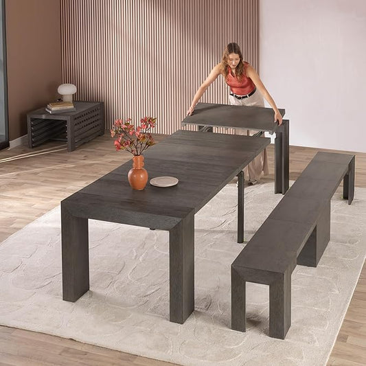 Transformer Expandable Dining Table Set – Solid Wood Table for 2 to 12 with Bench and Coffee Table Panel Storage – Space-Saving Adjustable Dining Furniture (Dark Grey, Table + Bench + Coffee Table)