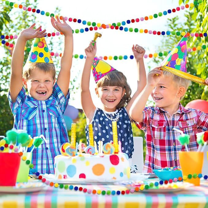 MARFOREVER 4 Pack 26.3 Feet Colorful Christmas Pom Pom Garland Decorations, 30 Balls Rainbow Felt Ball Garland Christmas Garlands Hanging Supplies for Xmas Tree Classroom Birthday Party Wall Decor