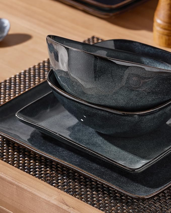 Famiware Dinnerware Sets for 4, Ocean Square 12-Piece Kitchen Plates and Bowls Sets, Reactive Glaze, Microwave and Dishwasher Safe, Scratch Resistant, Deep Forest