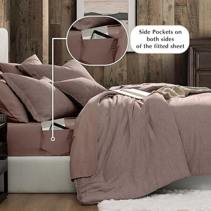 Geniospin Queen Comforter Set - 7 Pieces Comforter Queen Size, Soft Solid Bedding Set for All Season, Textured Bed in a Bag with Sheets, Pillowcases & Shams (Misty Rose, 90''x90'')