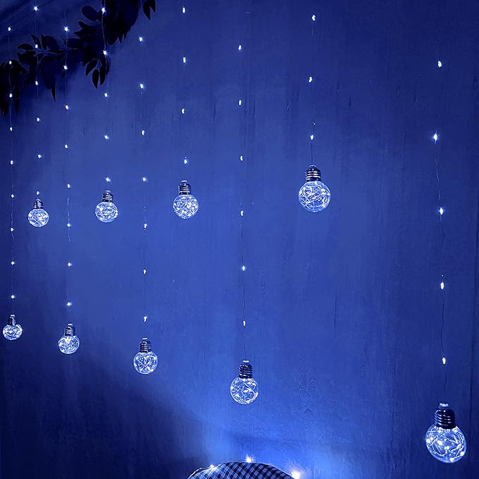 YOLIGHT Wishing Ball Curtain Lights 200 LED Window Curtain String Lights with Remote, USB Battery Powered Twinkle Globe Fairy Lights for Wedding Party Bedroom Christmas Halloween Decoration (Blue)