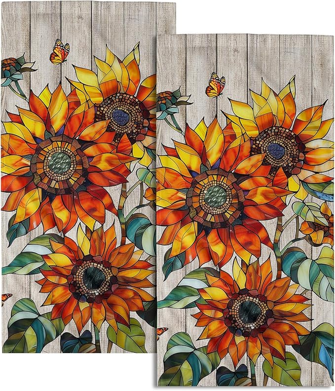 Sunflower Kitchen Towels Set of 2 Retro Barn Wooden Floral Country Spring Summer 14x28 Tabletop Decor Sunflower