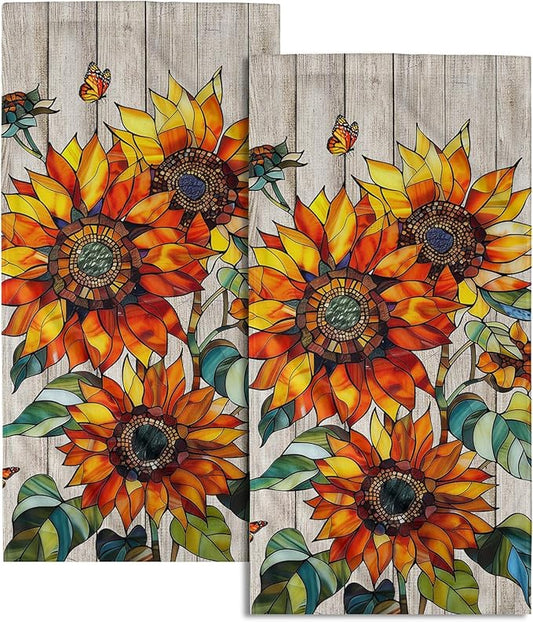 Sunflower Kitchen Towels Set of 2 Retro Barn Wooden Floral Country Spring Summer 14x28 Tabletop Decor Sunflower