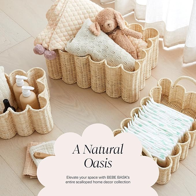 BEBE BASK Unique Wavy Scalloped Basket Set Of 2 - Scallop Basket - 16 x 10 x 7 In - Hand-Woven Elegant Wicker With Scalloped Edge Lid - Nursery Storage - (Earthy)