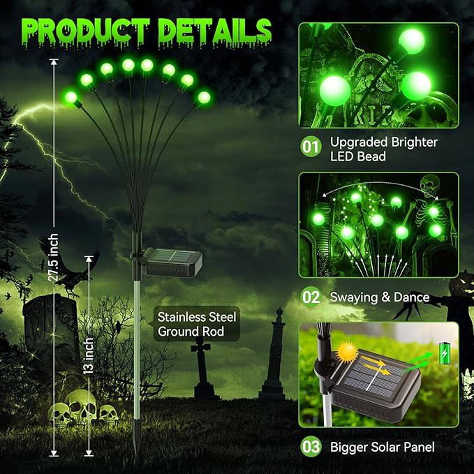 6Pack 48 LED Halloween Decorations Outdoor -LETMY Upgraded Swaying Solar Lights Outdoor, Waterproof Solar Firefly Lights Solar Halloween Lights for Pathway Yard Garden Decorations (Green)