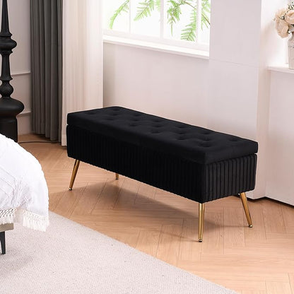 Velvet Storage Bench for Bedroom, Upholstered End of Bed Bench Modern Tufted Ottoman with Gold Legs for Living Room/Window/Entryway (Black, Rectangle-45.5" W)