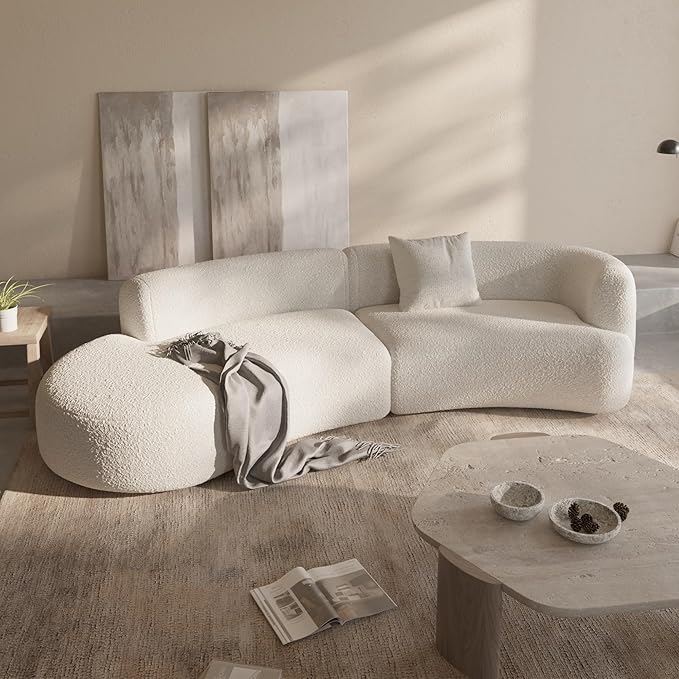 Acanva Modern Curved Sectional Living Room Couch, Minimalist Comfy Boucle Fabric Modular Sofa for Apartment, Home Office, 114" W Left Hand Facing, White