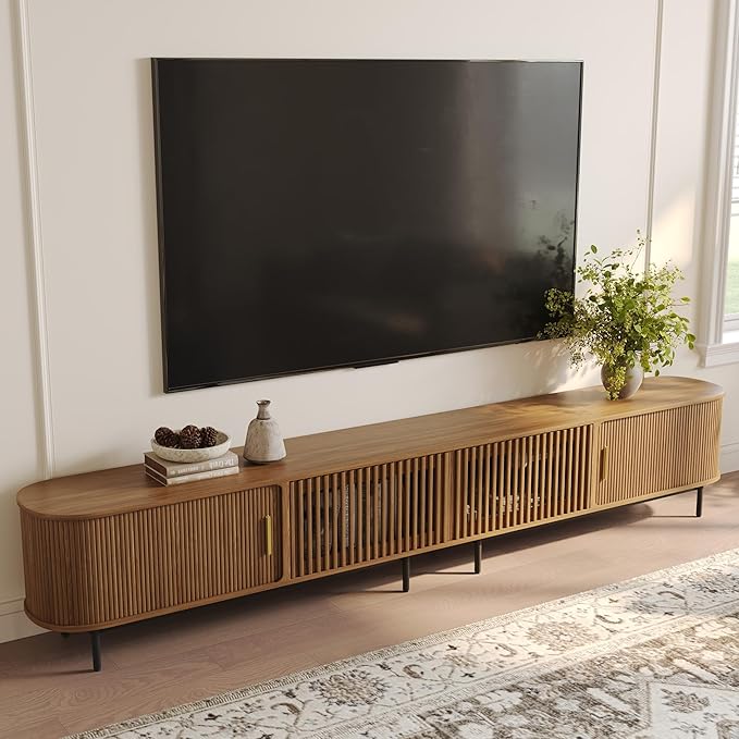 POVISON Fully-Assembled Sliding Tambour Door TV Stand, Mid Century Modern TV Console, Wood Media Console, Entertainment Center with Storage Cabinet (Walnut, 118.11")