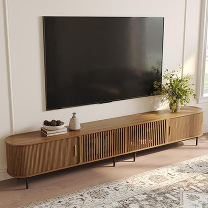 POVISON Fully-Assembled Sliding Tambour Door TV Stand, Mid Century Modern TV Console, Wood Media Console, Entertainment Center with Storage Cabinet (Walnut, 118.11")