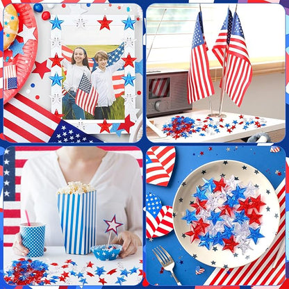 120Pcs Patriotic Acrylic Star Ornaments Vase Filler Translucent Crystals Gems Independence Day Memorial Day Veterans Day Table Scatters for Holiday Decoration Party Favors Craft Supplies