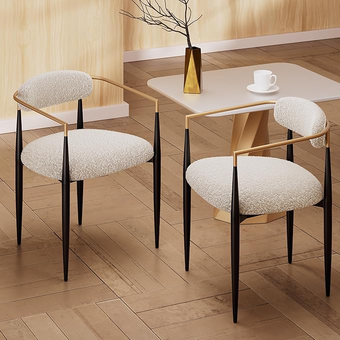 Morden Fort Modern Dining Chairs Set of 4, Upholstered Boucle Dining Chairs with Gold Armrest and Black Metal Legs for Kitchen, Living Room and Reception