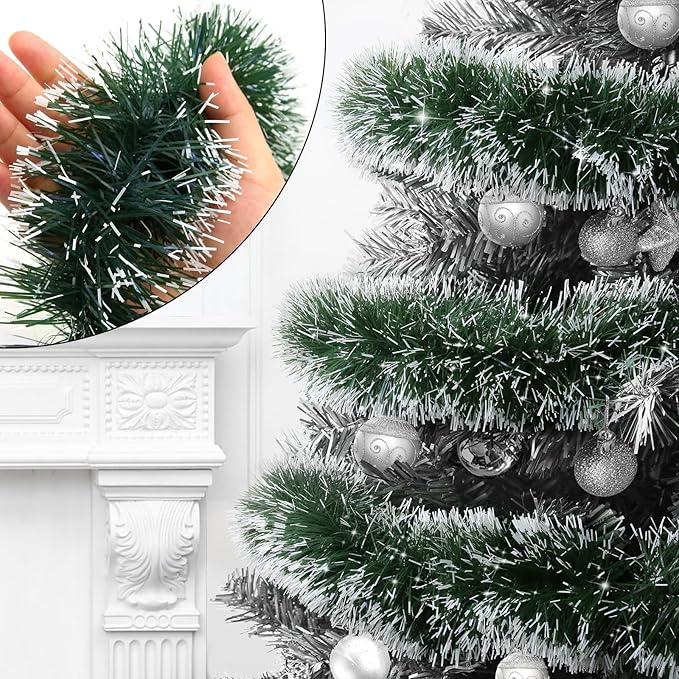 LEASEN 50Ft Green Metallic Twist Christmas Tinsel Garland Decorations with Snowflake Tip, Irregular Shape, Artificial, 50 Feet Long