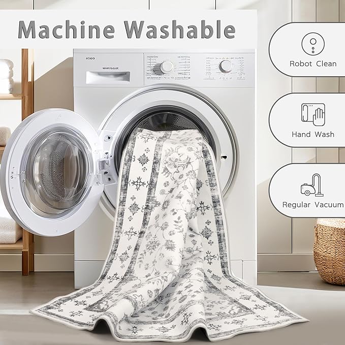 Washable Rugs 8x10 Area Rugs for Living Room,Rugs for Bedroom,Large Carpets,Ultra Soft Faux Wool Retro Dining Room Rug,Non Slip&Non-Shedding Low Pile Vintage Print Rug for Home Office-Grey