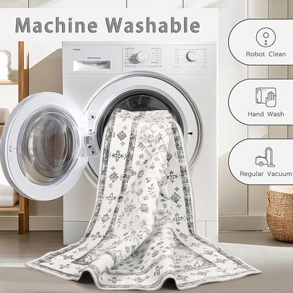 Washable Rugs 8x10 Area Rugs for Living Room,Rugs for Bedroom,Large Carpets,Ultra Soft Faux Wool Retro Dining Room Rug,Non Slip&Non-Shedding Low Pile Vintage Print Rug for Home Office-Grey