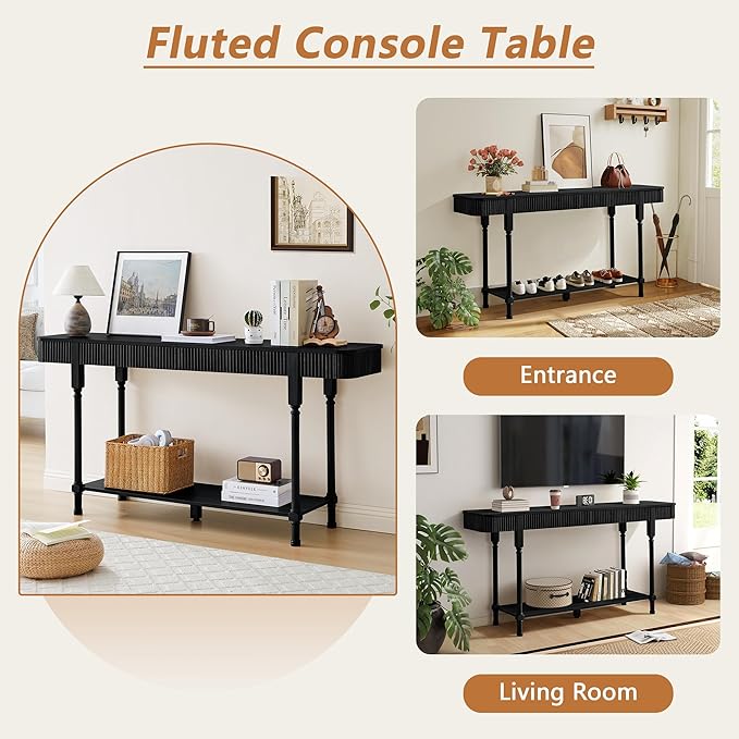 63'' Fluted Console Table with 2 Drawers, 2-Tier Long Entryway Tables with Open Storage, Wooden Narrow Sofa Table Behind Couch, Foyer Accent Table for Living Room, Hallway, Entrance (Black)