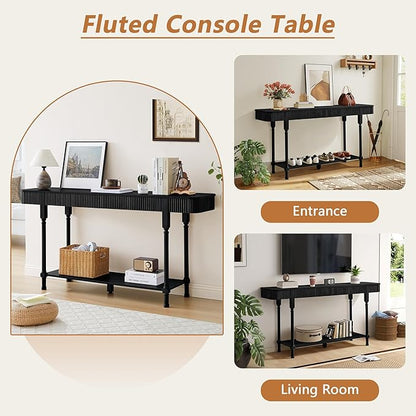 63'' Fluted Console Table with 2 Drawers, 2-Tier Long Entryway Tables with Open Storage, Wooden Narrow Sofa Table Behind Couch, Foyer Accent Table for Living Room, Hallway, Entrance (Black)