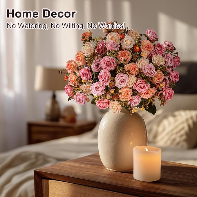 Artificial Flowers for Outdoor 4 Bundles Rose Bouquet with Daisy Faux Flowers UV Resistant for Home Indoor Outside Garden Porch Window Box Balcony Yard Porch Decor (Pink+Orange)