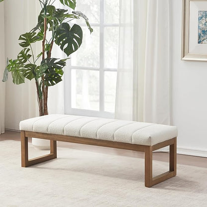 52.7" Bedroom Bench for End of Bed, Modern Upholstered Teddy Fabric Entryway Bench & Dining Bench, Footrest Stool Bench with Solid Wood Frame for Bedroom, Living Room (Beige)