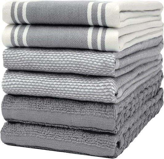 Premium Cotton Kitchen Towels 6 Pack Large Absorbent Flat & Terry Grey Stripe 20x28
