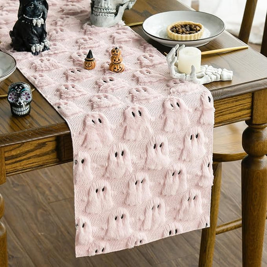 Artoid Mode Pink Ghost Soft Plush Faux Fur Jacquard Halloween Table Runner, Holiday Kitchen Dining Table Decoration for Home Party Decor 13x72 Inch