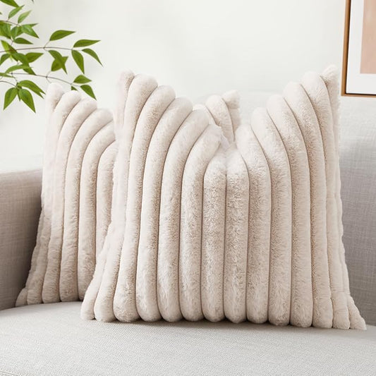 decorUhome Faux Fur Throw Pillow Covers 22x22 Set of 2, Decorative Soft Plush Striped Neutral Euro Pillow Covers with Velvet Back for Bed, Living Room Home Decor, Beige