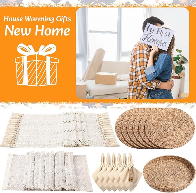 6 Sets Boho Placemats Round Woven Placemats, Cloth Napkins, Wood Bead Napkin Rings, Long Table Runner and Farmhouse Rustic Natural Burlap Cotton for Kitchen Dining Table Home (White)