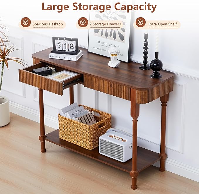 43.3'' Fluted Console Table for Entryway, Narrow Entryway Tables with 2 Wooden Drawers, Retro Sofa Table Behind Couch Accent Tables for Foyer, Living Room, Hallway (Walnut)