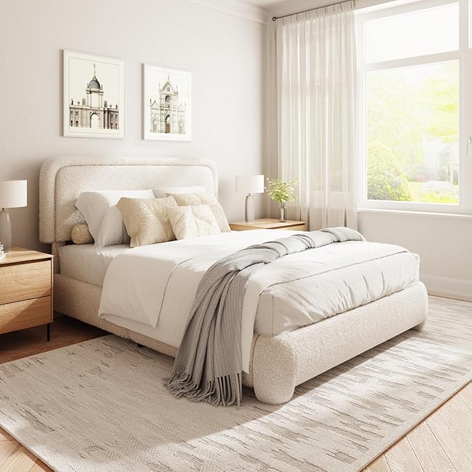 Full Size Boucle Bed Frame, Cloud Upholstered Platform Bed with Height Adjustable Headboard & Soft Rounded Corners, No Box Spring Needed, Noise Free, Easy Assembly, Beige