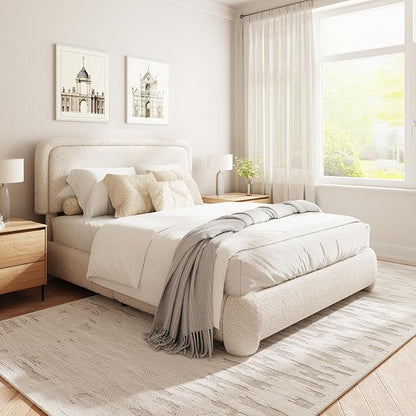 Full Size Boucle Bed Frame, Cloud Upholstered Platform Bed with Height Adjustable Headboard & Soft Rounded Corners, No Box Spring Needed, Noise Free, Easy Assembly, Beige