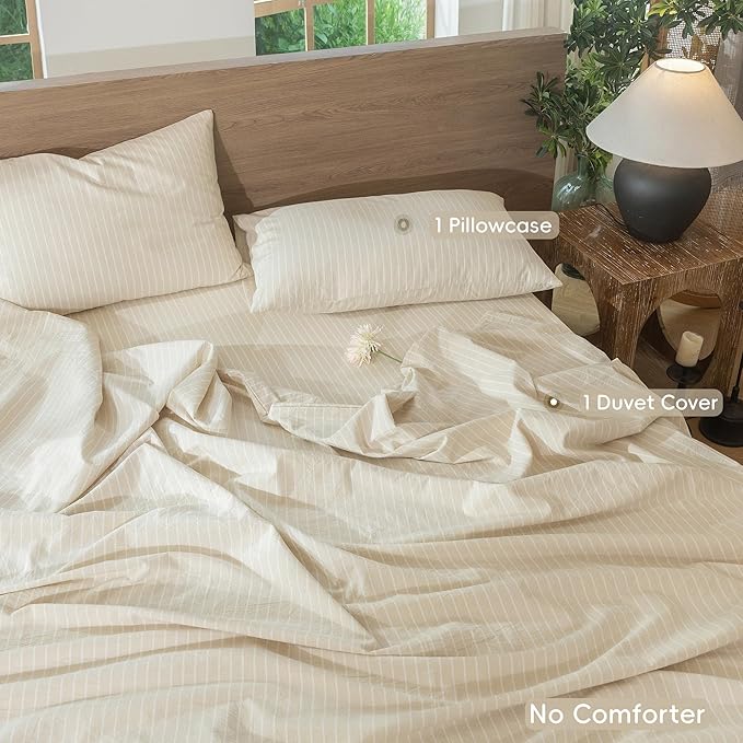 MooMee Striped Duvet Cover Set 100% Washed Cotton Linen Like Textured Breathable Durable Soft Comfy (Almond Milk Grey White Wide Stripes, Twin 68"x90")