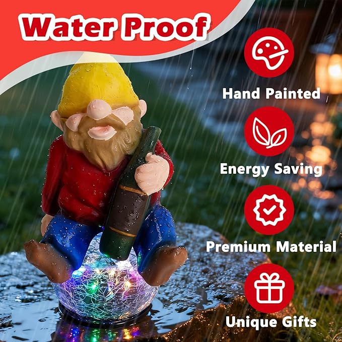 Drinking Gnome Solar Garden Statue - Funny Gnome Figurine with Colorful Crackle Ball LED Light - Perfect Novelty Patio Decor and Gag Gifts - Hilarious Christmas House Warming Gifts New Home