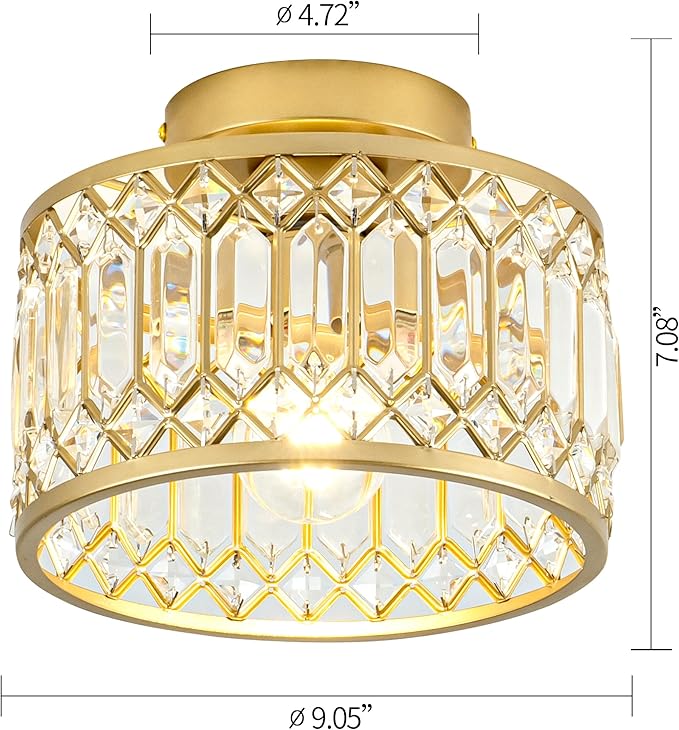Crystal Ceiling Light, Modern Semi Flush Mount Ceiling Light, Gold Crystal for Kitchen Bedroom Bathroom Entryway (Bulb not Included)