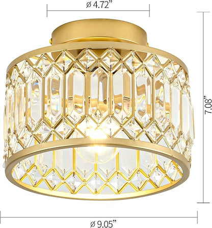 Crystal Ceiling Light, Modern Semi Flush Mount Ceiling Light, Gold Crystal for Kitchen Bedroom Bathroom Entryway (Bulb not Included)