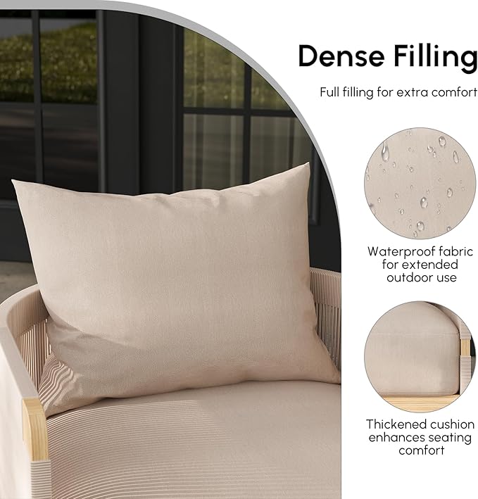 homary Outdoor Hand-Woven Rope Swivel Chair, 360 Degree Swivel Patio Chair, Hand-Woven Rope Outdoor Chair with Rainproof Cushion and Aluminum Frame for Garden, Balcony, Indoor, Khaki