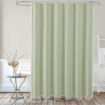 MitoVilla Sage Green Boho Extra Long Shower Curtain 72 x 84, Modern Farmhouse 84 inch XL Rustic Polyester Linen Tassel Heavy Duty Shower Curtain Set with Hooks for Cottagecore Country Bathroom Decor