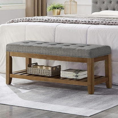 24KF Large Rectangular Upholstered Tufted Linen Fabric Ottoman Bench, Padded Bench with Solid Wood Shelf-Granite