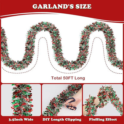 50FT Christmas Tinsel Garland, Red Green&Silver Metallic Twist Shiny Hanging Garland Ornaments for Christmas Tree, Party Supplies Thick Metallic Xmas Streamers