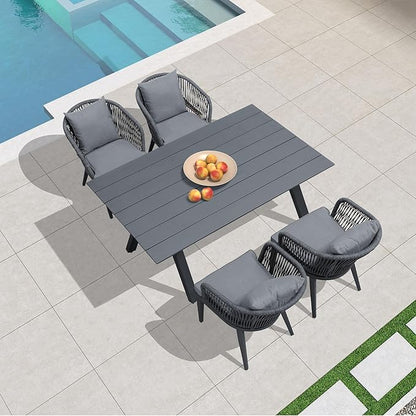 PURPLE LEAF 5 Pieces Patio Dining Table Set Wicker Outdoor Furniture Rectangular Table and Chairs Set for Garden Deck Aluminum Frame Backyard Kitchen Set, Cushions and Pillows Included Grey