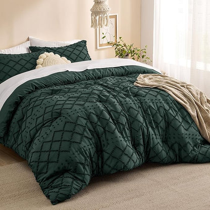 Bedsure Twin Comforter Set - Forest Green Comforter, Boho Tufted Shabby Chic Bedding for Kids, 2 Pieces Vintage Farmhouse Bed Set for All Seasons, Fluffy Soft Bedding with 1 Pillow Sham