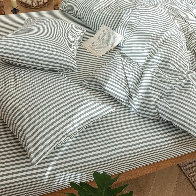 MooMee Striped Duvet Cover Set 100% Washed Cotton Linen Like Textured Breathable Durable Soft Comfy (Heathered Green Classic Stripes, Cal King 104"x98")