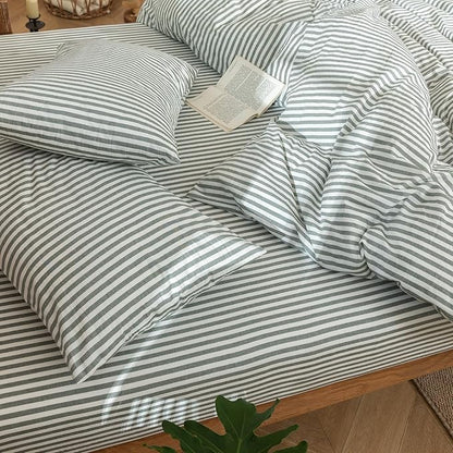 MooMee Striped Duvet Cover Set 100% Washed Cotton Linen Like Textured Breathable Durable Soft Comfy (Heathered Green Classic Stripes, Full 80"x90")