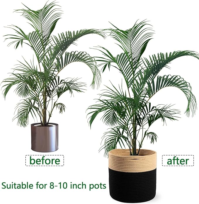 Woven Cotton Rope Plant Basket for 10.5" Flower Pot Floor Indoor Planters Flower Pot, Home Decor Storage Organizer H11 x W11 Black&Brown