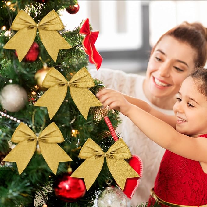 Cindeer 24 Pcs Gold Christmas Bow Decorations 6 x 6 Inches, Glitter Holiday Ornaments Sequin Ties Bows for Xmas Tree, Wreath, DIY Crafts, Gift Wrapping, Party Decor